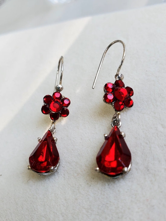 925 Sterling Silver Jewelry - Red Teardrop & Floral Crystal Drop Earrings - Women Jewelry